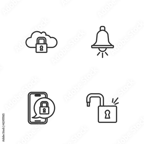 Set line Open padlock, Mobile with closed, Cloud computing and Ringing alarm bell icon. Vector