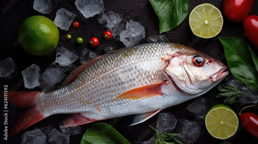 Top view of Fresh snapper preparation with lemon and vegetables on ice. Snapper fish. Generative Ai Top view of Fresh snapper preparation with lemon and vegetables on ice. Snapper fish. Generative Ai