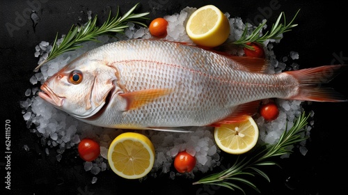 Top view of Fresh snapper preparation with lemon and vegetables on ice. Snapper fish. Generative Ai