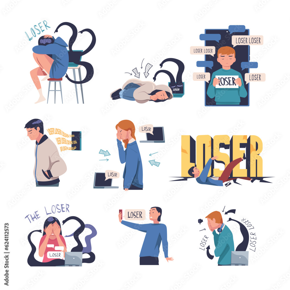 Victim of Cyberbullying Suffering from Violence and Hatred from Social Media Vector Illustration Set Victim of Cyberbullying Suffering from Violence and Hatred from Social Media Vector Illustration Set