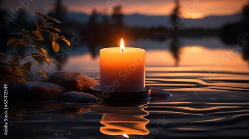 Beautiful Burning candles light on dark surface AI generated image