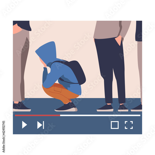 Video Display with Teen Boy Victim of Cyberbullying Suffering from Violence and Hatred Vector Illustration