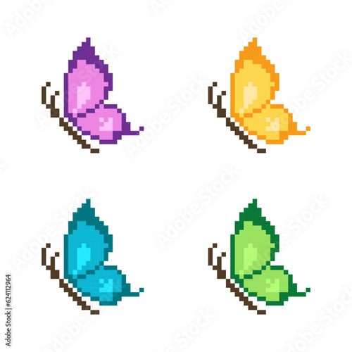 Colorful butterflies pixel art on the white background