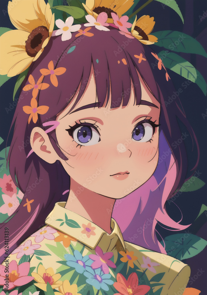 Portrait beautiful girl with flowers on her head. Woman with flower arrangement on head. Generative AI. Portrait beautiful girl with flowers on her head. Woman with flower arrangement on head. Generative AI.
