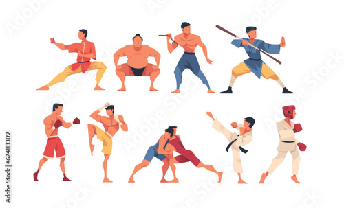Canvastavla Different Types of Struggle with Man Engaged in Martial Arts Vector Set
