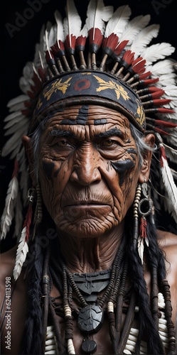 Old American Indian chief, semi-profile, wrinkled face, bright brown eyes, weathered skin, highly detailed, war paint, war bonnet