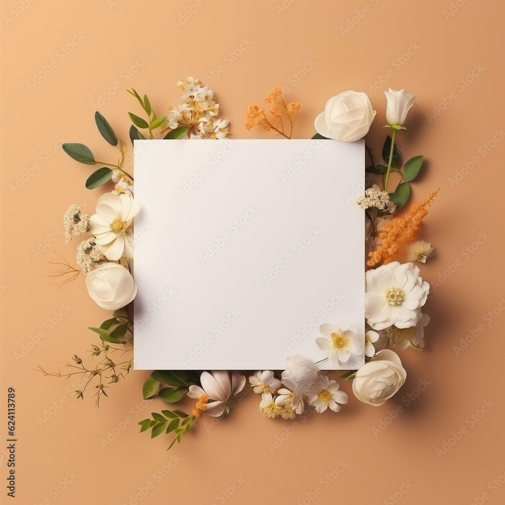 Blank paper card on surround floral, wedding card mockup on pastel color background.