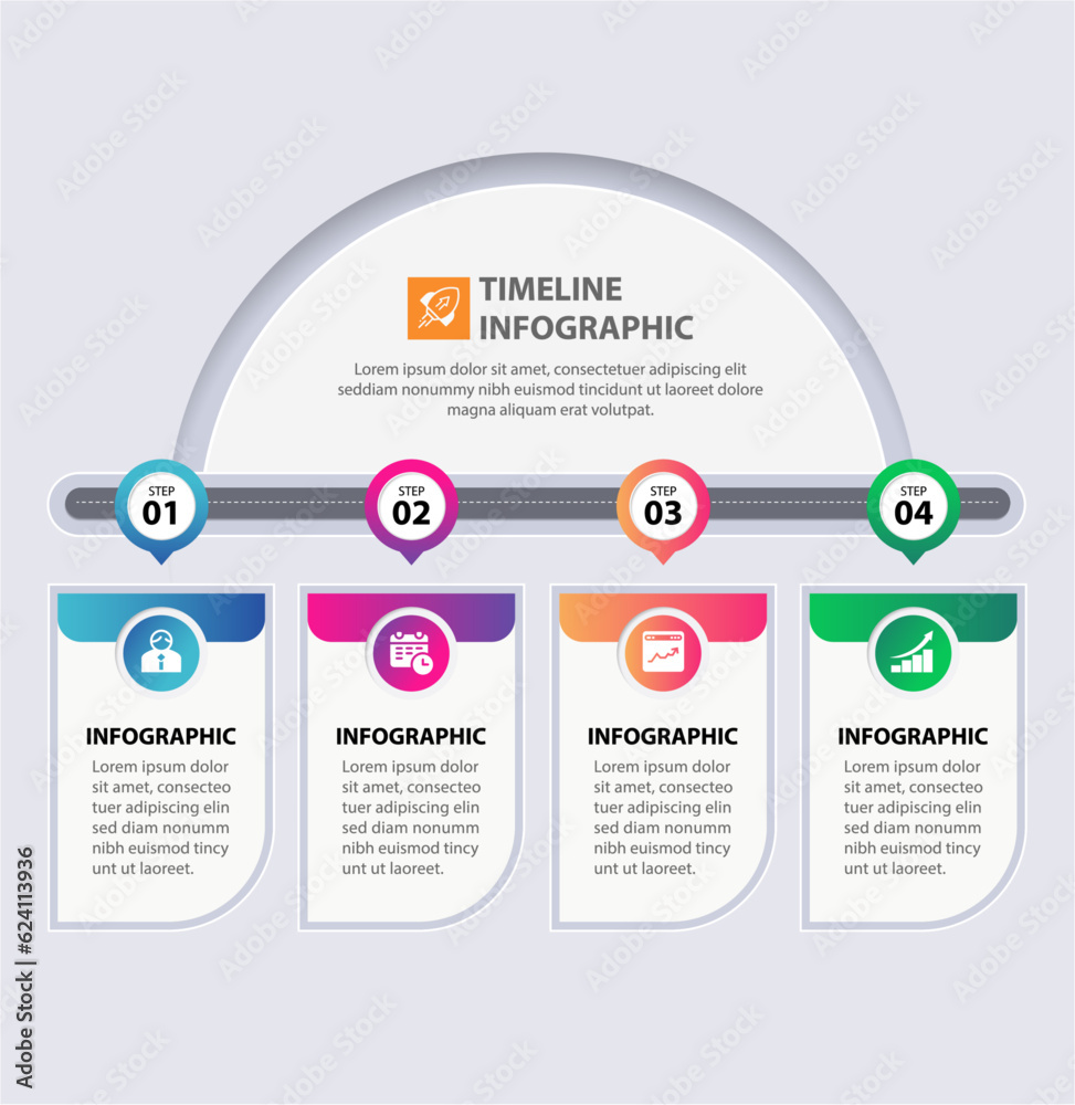Timeline infographics design can be used for workflow layout, diagram, report, web design. Businessconcept with 4 options or steps and processes. Gadient color Timeline infographics design can be used for workflow layout, diagram, report, web design. Businessconcept with 4 options or steps and processes. Gadient color