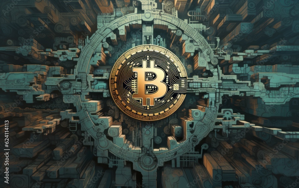 Fototapeta premium Wallpaper of a Bitcoin safe with gears and cogs