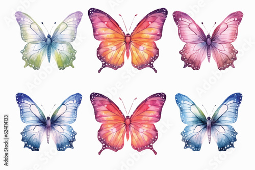 Butterfly collection. Watercolor illustration. Colorful Butterflies clipart set. Pink blue butterfly. Baby shower design elements. Party invitation, birthday celebration. Spring or summer decoration © KhWutthiphong