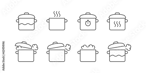 Pot for cooking on kitchen, pan cuisine icon line set. Pots for cook food. Vector illustration