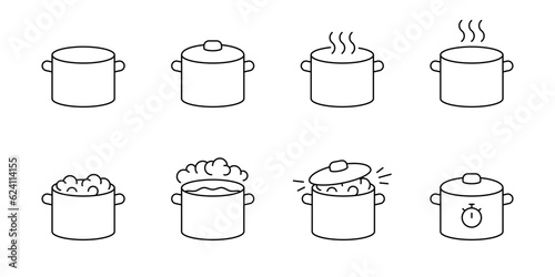 Pot for cooking on kitchen, pan cuisine icon line set. Pots for cook food. Vector illustration