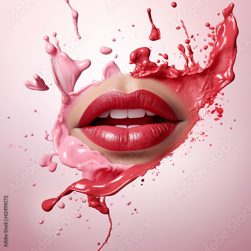 Photo women lips pink lipstick liquid colour