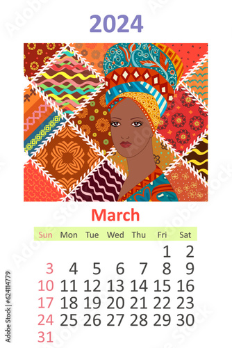 Calendar 2024 March template. portrait of a beautiful African gi