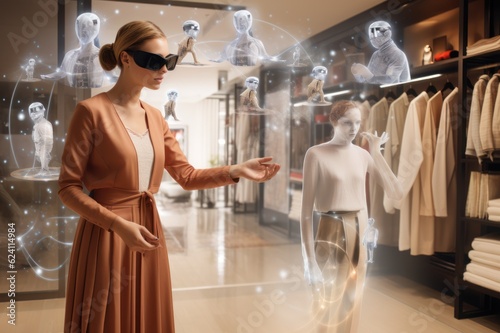 Concept of personalized shopping experiences, showcasing a customer using a virtual reality (VR) or augmented reality (AR) application to virtually try on clothing
