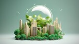 the recycling paper craft lamp concept is on grey background with trees and paper, in the style of cityscape, dynamic energy, light green, eco concept