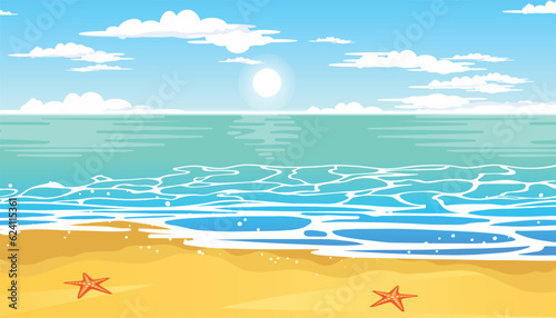 Tropical blue sea and a sand beach with mountain on horizon, vector background.