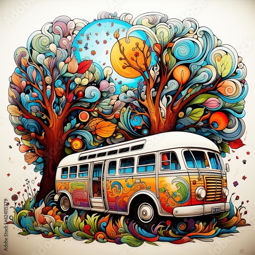 Intricate Pen Illustration of Bus Filled with Cartoon Characters in Clouds photo