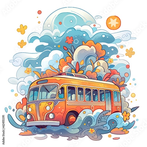 Intricate Pen Illustration of Bus Filled with Cartoon Characters in Clouds