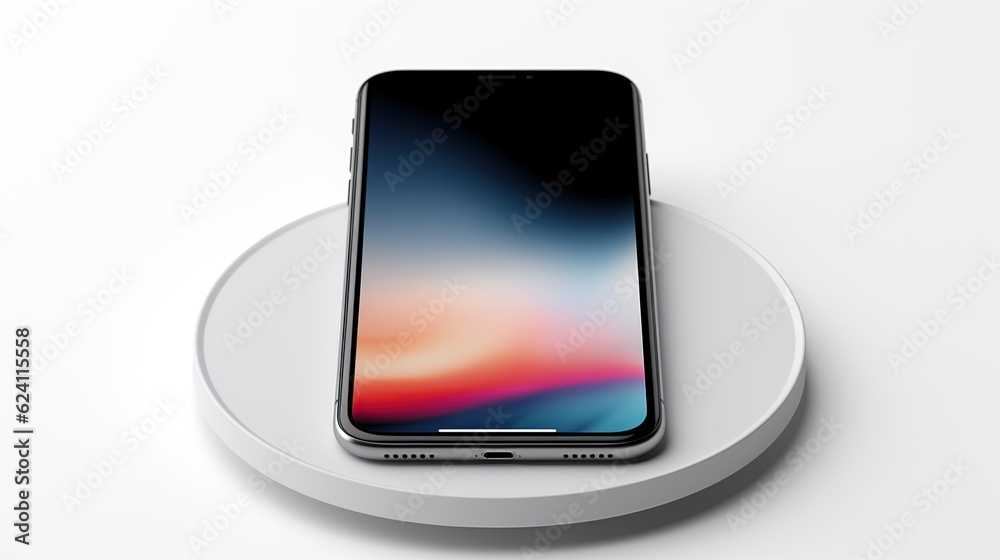 Smart phone charging on wireless charger device at office AI generated image Smart phone charging on wireless charger device at office AI generated image