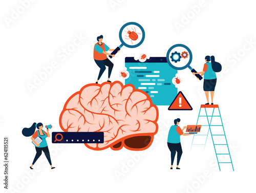 Artificial intelligence illustration of Find and fix bugs in AI system program development to minimize failures, errors and misleading results. Can be used for mobile app website web flyer poster ad