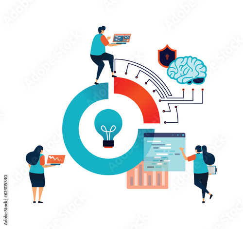 Artificial intelligence illustration of analyze and research data diagrams with ai network tech to get ideas and inspiration in developing jobs. Can be used for mobile app website web flyer poster ad