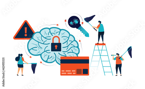 Artificial intelligence illustration of securing and protecting credit card banking user personal data from bugs and error using AI tech program. Can be used for mobile app website web flyer poster ad