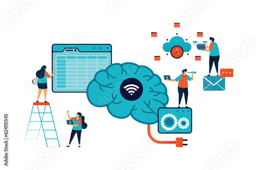 Artificial intelligence illustration of explain and analyze accounting spreadsheets task using ai. office jobs problem solved with ai energy. Can be used for mobile app website web flyer poster ad
