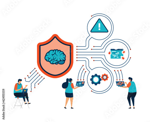Artificial intelligence illustration of analyze and access networks secured by AI programs. Look for warning or bug alert errors using ai tech. Can be used for mobile app website web flyer poster ad