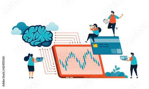 Artificial intelligence illustration of analyze risks of credit card loans for investment options in financial bonds and stocks mutual funds. Can be used for mobile app website web flyer poster ad