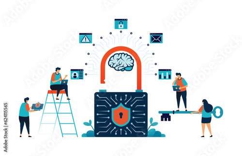 Artificial intelligence illustration of security, protection and defense with AI on network data communication. warning alert with AI technology. Can be used for mobile app website web flyer poster ad