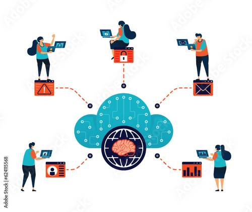 Artificial intelligence illustration of people try to get many work done by multitasking ai network cloud program. Storage server backup with ai. Can be used for mobile app website web flyer poster ad