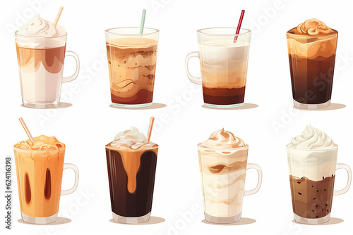 Hot and Cold Coffee Beverage Set: Espresso, Americano, Cappuccino, Latte, and Iced Macchiato. Flat Vector Illustrations Isolated on White Background.