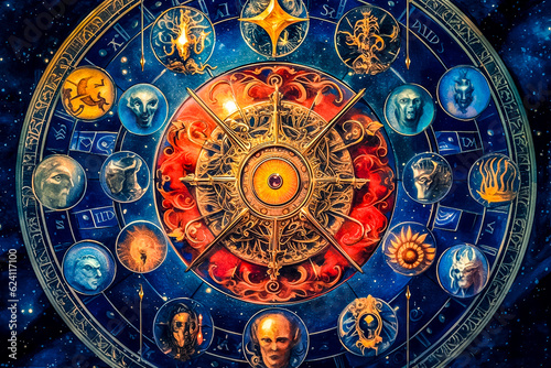 Scène ésotérique, thème astral, cartomancie, zodiaque, astrologie - Générative IA photo
