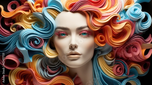 A close up of a mannequin with colorful hair. Generative AI.
