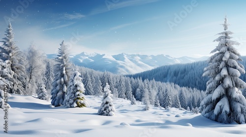 Christmas background with snowy fir pines trees AI generated image © orendesain99