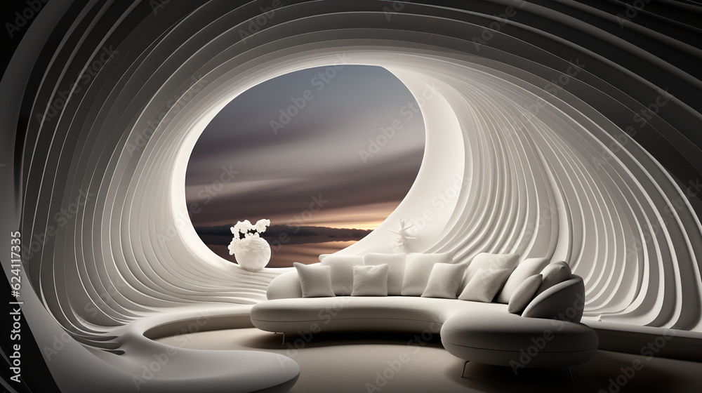 A white couch sitting on top of a white floor. Generative AI. Freeform organic lines, futuristic style. A white couch sitting on top of a white floor. Generative AI. Freeform organic lines, futuristic style.