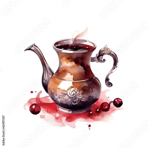 Retro watercolor illustration with turkish coffee watercolor. Istanbul, turkey.