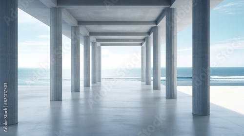 Abstract empty  modern concrete room with big opening with ocean view and sun on the back wall and rough floor