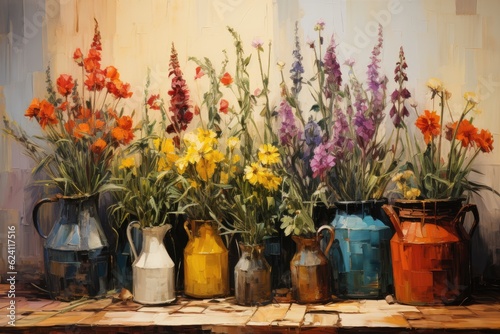 colorful pallet knife painting of beautiful mixed flowers in pots standing on a wooden table  generated by AI