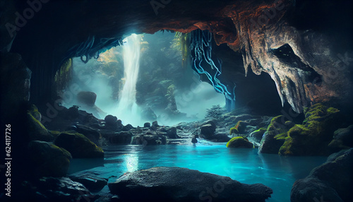 very big cave with beautiful waterfall