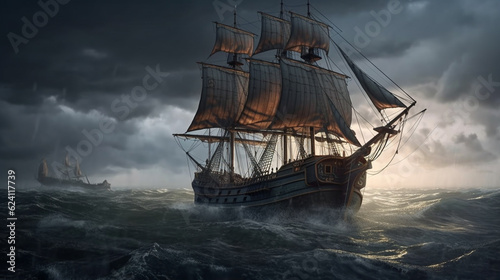 Pirate ship navigating during a storm © Samvel