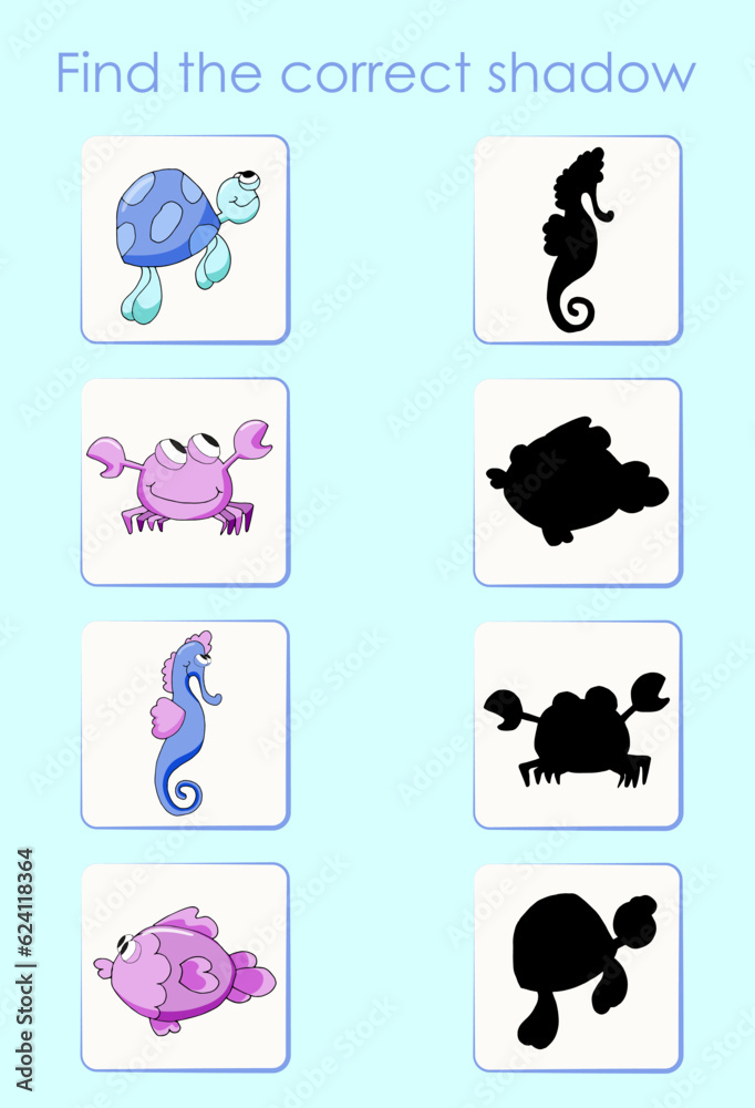 Find the correct shadow of the sea animals. Worksheet for children's education. Cartoon vector illustration for activity book.