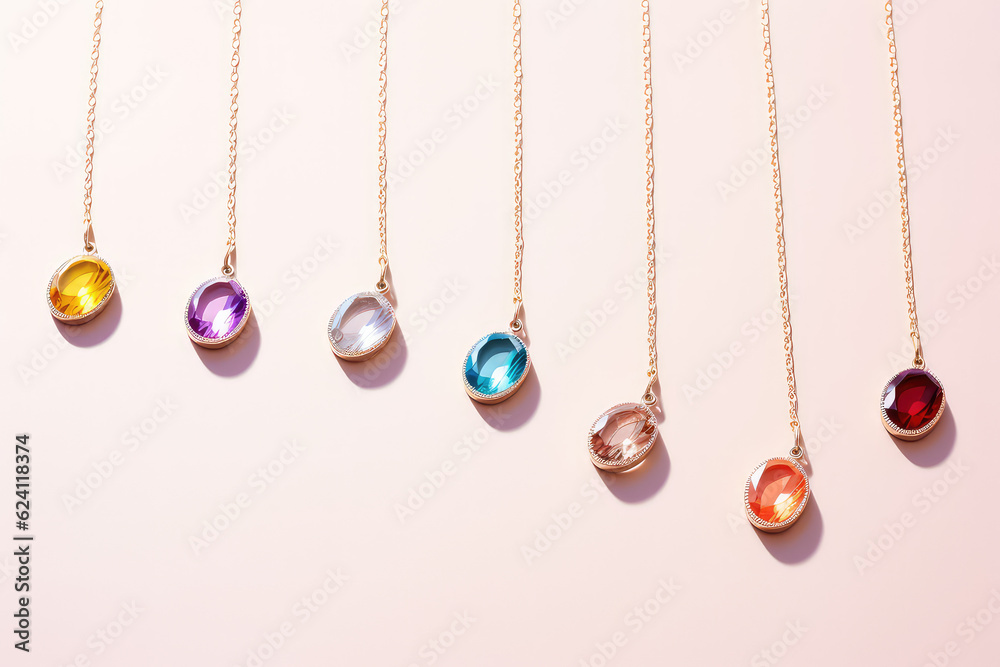 Top view of a precious gemstone necklace lying on a flat beige pastel background surface. Creative minimal concept jewelry store banner template. Generative AI. Top view of a precious gemstone necklace lying on a flat beige pastel background surface. Creative minimal concept jewelry store banner template. Generative AI.