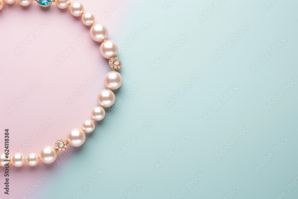 Top view of a precious gemstone necklace lying on a flat blue pastel background surface. Creative minimal concept jewelry store banner template. Generative AI. Top view of a precious gemstone necklace lying on a flat blue pastel background surface. Creative minimal concept jewelry store banner template. Generative AI.