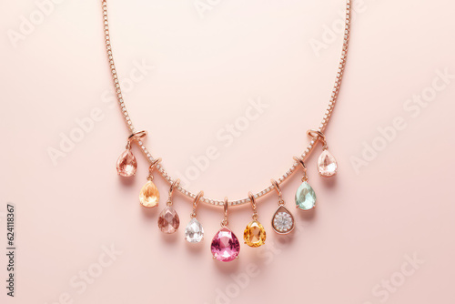 Top view of a precious gemstone necklace lying on a flat beige pastel background surface. Creative minimal concept jewelry store banner template. Generative AI.