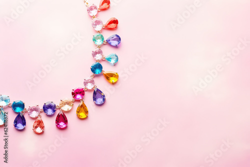 Top view of a precious gemstone necklace lying on a flat pink pastel background surface. Creative minimal concept jewelry store banner template. Generative AI.