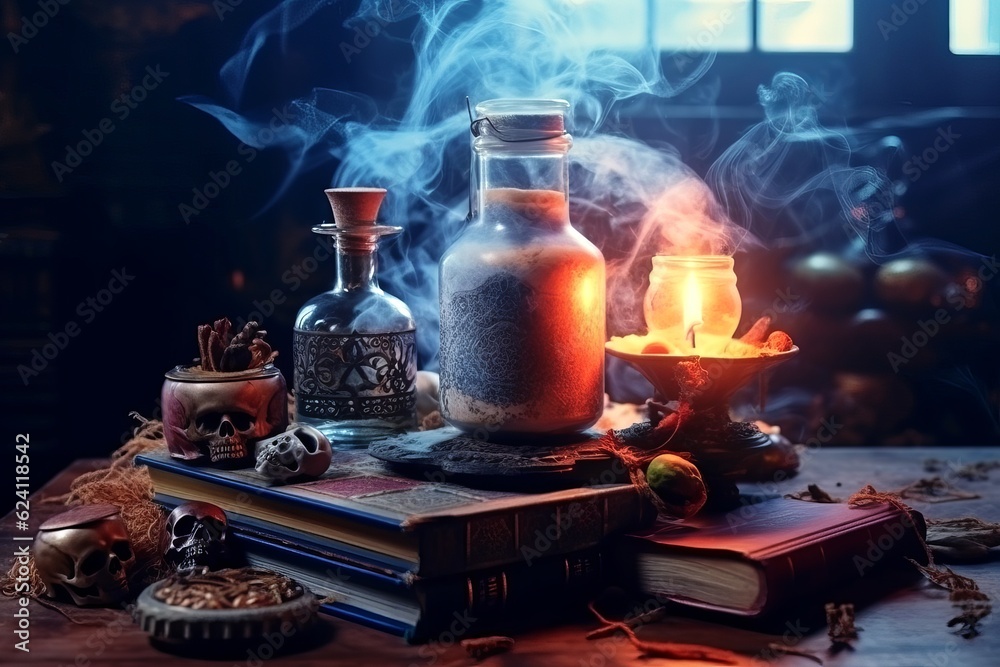 vintage still life with books and a potion, on a wooden table in a dark room with a smoky atmosphere