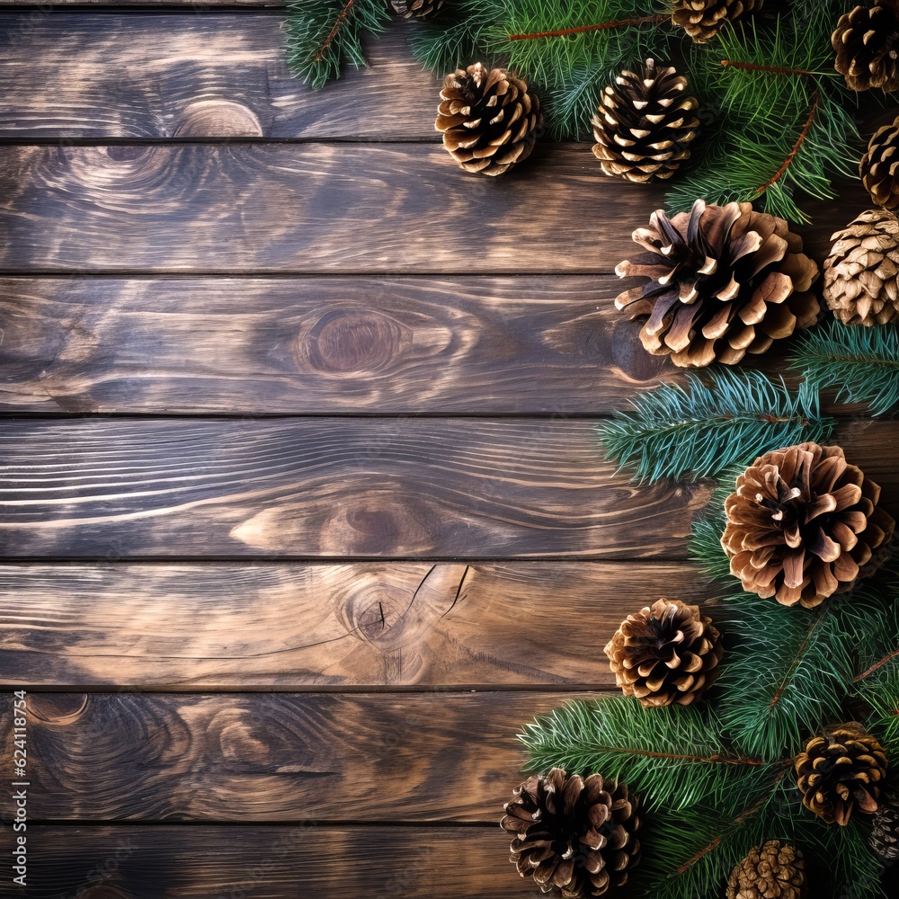 Green fir branches with cones on a wooden brown texture. Christmas and New Year background. Space for text Green fir branches with cones on a wooden brown texture. Christmas and New Year background. Space for text