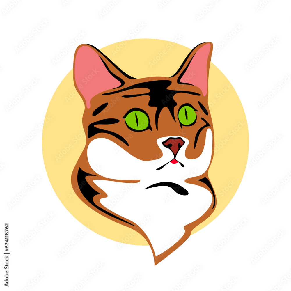 Cat muzzle with green eyes, illustration. Pets. Red cat with black stripes Cat muzzle with green eyes, illustration. Pets. Red cat with black stripes